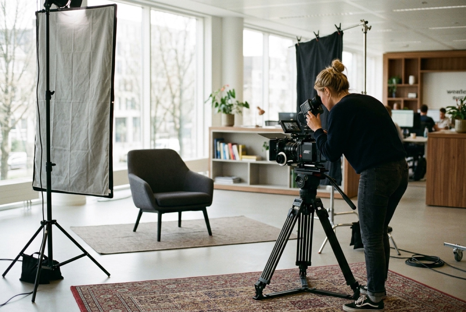 Interviewsetting voor een bedrijfsfilm: stoel, softbox en cinemacamera in een licht kantoor
