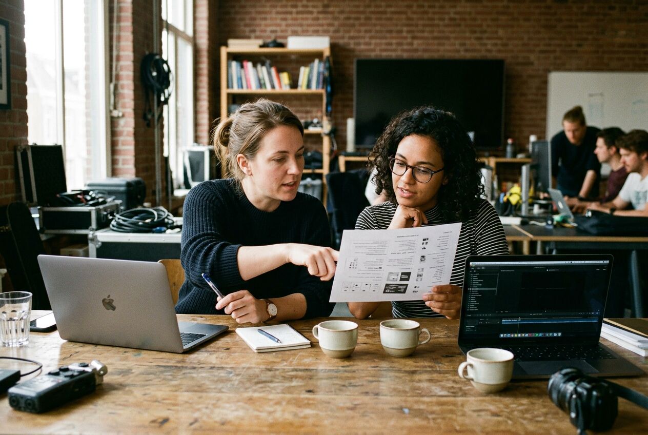 Een opdrachtgever en videomaker bespreken samen een uitgeprinte briefing aan een werktafel met koffie en een laptop.