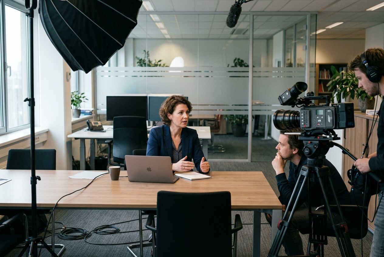 Een kleine filmploeg filmt een klant die aan een kantoortafel een testimonial geeft voor de camera.